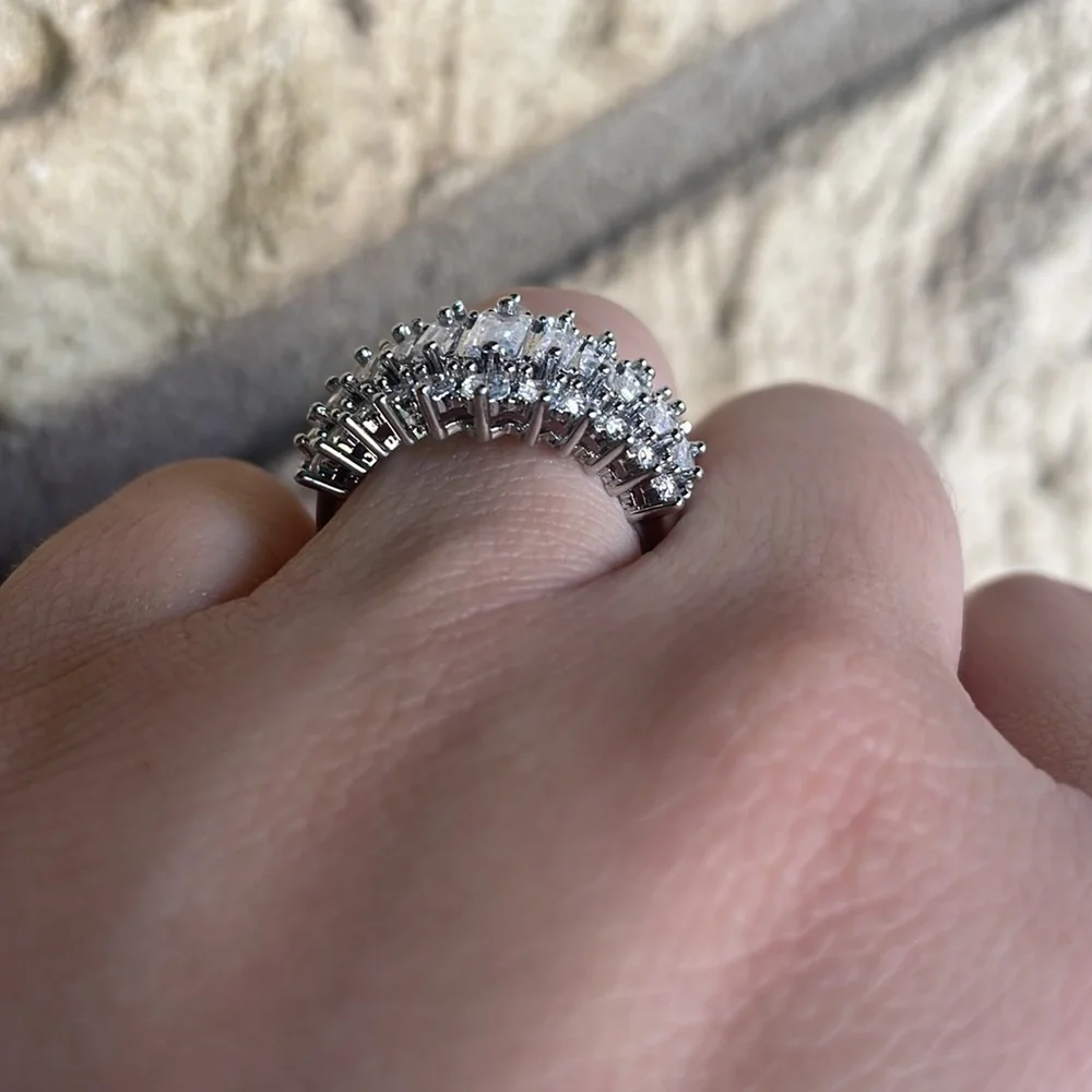 Wedding anniversary sterling silver crown ring CZ  Rectangular Sparkly cluster